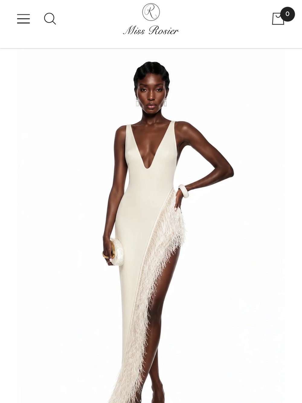 Miss Rosier Cream High-Low Feather-Trim V-Neck Dress